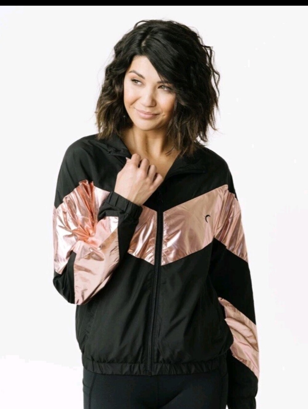 ZYIA Active Black and Rose Gold Pink Shine Block Jacket